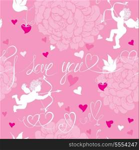 Love concept - seamless pattern with flowers, angel, dove and calligraphic text I love you. Valentine`s Day pink background