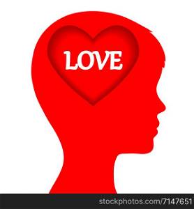 Love concept with man head and red heart on white, stock vector illustration