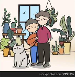 Love couple and dog in the garden, LGBTQ illustration.