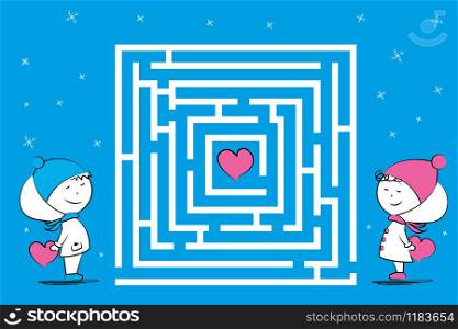 Love couple and maze game with hearts,funny characters in winter clothes,cartoon vector illustration. Love couple and maze game with hearts,funny characters in winter