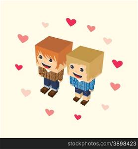 love couple block isometric cartoon character vector art graphic. love couple block isometric cartoon character