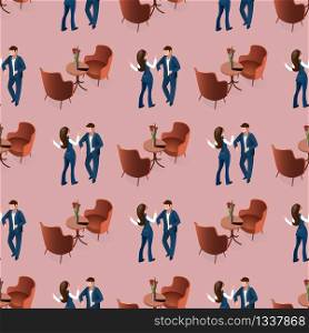 Love Couple Dating at Restaurant Vector Seamless Pattern. Man Woman Flirting Cafe Background. Romantic Celebration Valentine Day. Happy Husband Wife Together Romance Date Holiday Dinner. Love Couple Dating at Restaurant Seamless Pattern