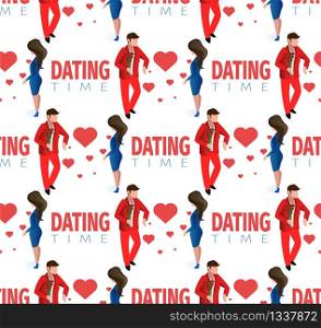 Love Couple Dating Time Seamless Pattern. Boyfriend Girlfriend Date Marriage Wedding Romantic Celebration Vector Illustration. Valentine Day Heart Passion Background. Man Greeting Bouquet Woman.. Love Couple Dating Time Vector Seamless Pattern