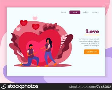 Love couple flat landing page composition with love headline and yellow button get started vector illustration