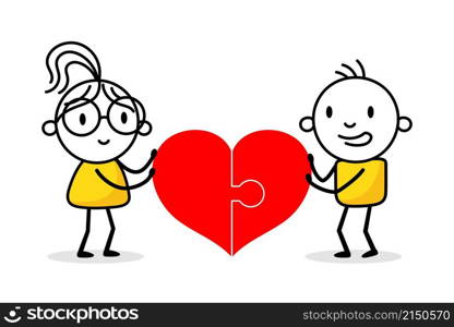 Love couple holding puzzle hearts. Hand drawn doodle figure. Valentine concept with funny stickman. Vector stock illustration.