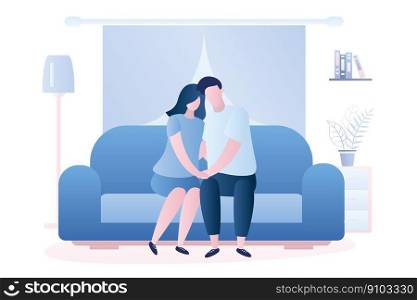 Love couple is sitting on the couch, living room interior with furniture. Male and female characters in trendy style. Vector illustration