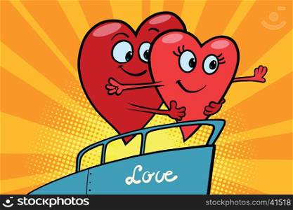 Love couple king of the world scene red hearts Valentines, pop art retro comic book illustration. male and female character