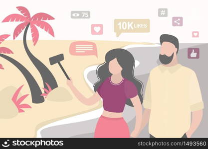 Love couple makes a video blog on the tropical coast. Travel vlog concept. Story for social networks and icons of likes, hearts, hashtags. Happy people on an exotic island. Vector illustration