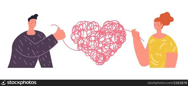 Love couple metaphor. People with heart, woman man have tangled relationship. Meeting or dating, problems with feelings, vector concept. Illustration of couple love and heart metaphor. Love couple metaphor. People with heart, woman man have tangled relationship. Meeting or dating, problems with feelings, vector concept