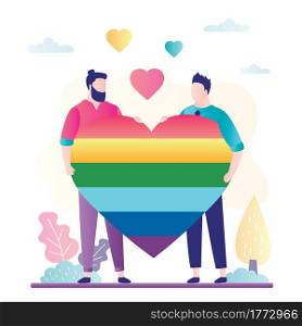 Love couple of caucasian gay with LGBT symbol. Two handsome male characters holding rainbow heart. Lgbt movement concept. Sexual orientation, homosexuality and community protests. Vector illustration. Love couple of caucasian gay with LGBT symbol. Two handsome male characters holding rainbow heart. Lgbt movement concept