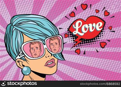 Love couple, reflection of men in sunglasses women. Pop art retro comic book vector illustration. Love couple, reflection of men in sunglasses women