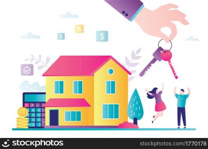Love couple rejoices buying new home. Mortgage and investment in real estate. Cartoon character take house loan. Finance management and property loan. Big hand give keys. Flat vector illustration. Love couple rejoices buying new home. Mortgage and investment in real estate. Cartoon character take house loan.