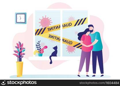 Love couple stay at home, quarantine or self-isolation. Health care concept. Pregnant woman and husband. Yellow quarantine tapes on window. Global viral pandemic Covid-19. Flat vector illustration