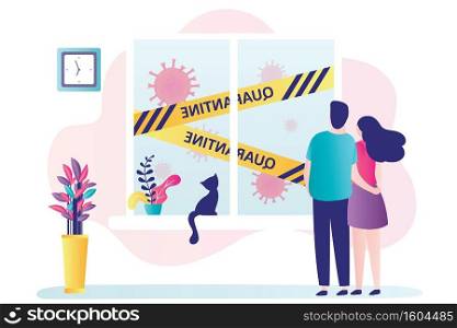 Love couple stay at home, quarantine or self-isolation. Health care concept. Fears of getting coronavirus. Yellow quarantine tapes on window. Global viral pandemic Covid-19. Flat vector illustration