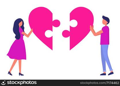 Love couple with heart puzzle. The relationship between a man and a woman. Valentine&rsquo;s day. Trendy vector illustration.
