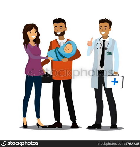 Love couple with newborn baby and doctor,isolated on white background,cartoon vector illustration. Love couple with newborn baby and doctor