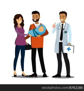 Love couple with newborn baby and doctor,isolated on white background,cartoon vector illustration. Love couple with newborn baby and doctor