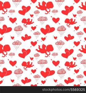 Love cupids hearts arrows and clouds seamless pattern vector illustration