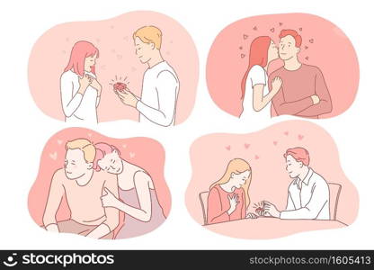 Love, dating, proposal, engagement, relationship, togetherness, couple concept. Young loving happy couple cartoon characters feeling love, making proposal, enjoying time together and kissing . Love, dating, proposal, engagement, relationship, togetherness, couple concept