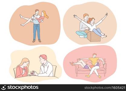Love, dating, romance, proposal, relationship, togetherness, couple concept. Young loving happy couple cartoon characters having fun, making proposal, enjoying time together and relaxing . Love, dating, romance, proposal, relationship, togetherness, couple concept