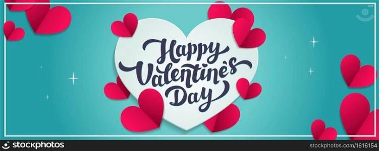 Love day vector horizontal banner or cover. Happy Valentine’s day greeting with hearts in paper cut style. Vector illustration. Love day vector horizontal banner or cover. Happy Valentine’s day greeting with hearts in paper cut style. Vector illustration.