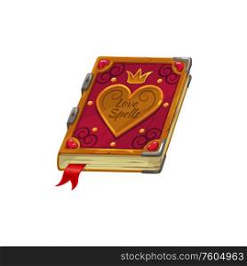 Love diary book, Valentine day and wedding RSVP party symbol. Vector isolated love spells book with heart, golden crown and bookmark. Valentine day, love spells and bride diary book