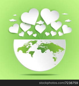 Love earth and save the world by planting forest for sustainable nature tree Ecology concept, Vector illustration and abstract background, Paper cut art template. Lovely heart with green earth concept