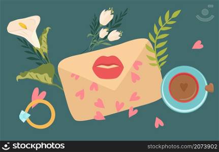 Love envelope. Hand written letter with flowers, cute romantic breakfast or coffee time vector illustration. Envelope letter and celebration romance valentine. Love envelope. Hand written letter with flowers, cute romantic breakfast or coffee time vector illustration