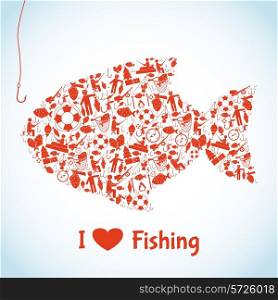 Love fishing concept with outdoor activity icons in fish shape vector illustration