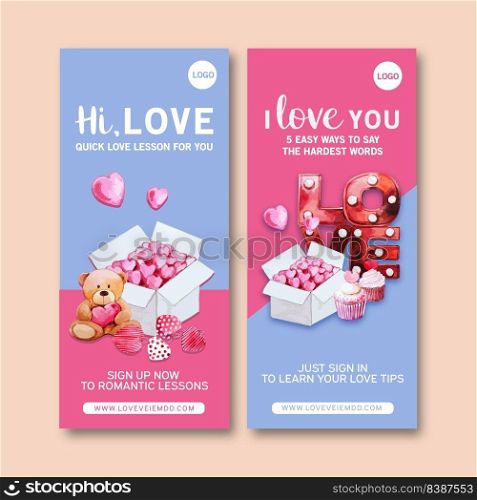 Love flyer design with bear, hearts, box watercolor illustration 