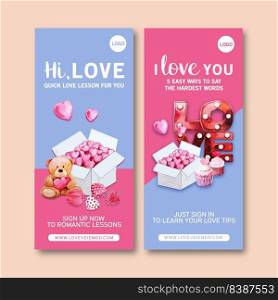 Love flyer design with bear, hearts, box watercolor illustration 
