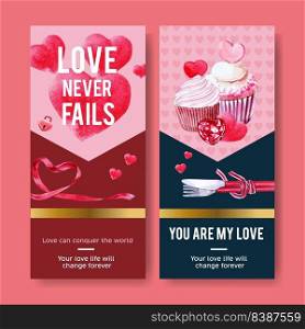 Love flyer design with cupcake, ribbon, hearts watercolor illustration 