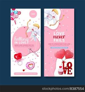 Love flyer design with cupid, cupcake, candy watercolor illustration 