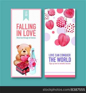 Love flyer design with doll, rose, heart watercolor illustration 