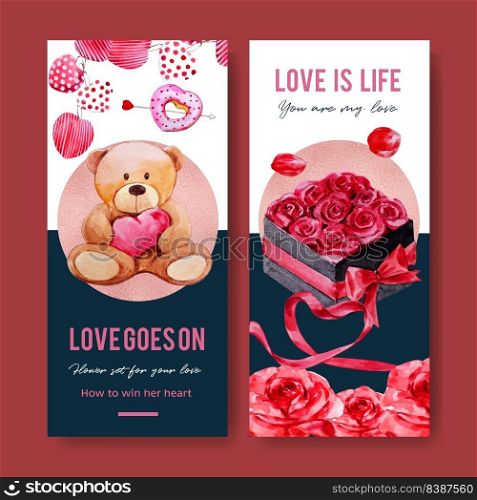 Love flyer design with donut, rose, bear watercolor illustration 