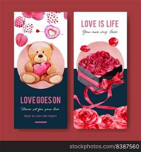 Love flyer design with donut, rose, bear watercolor illustration 