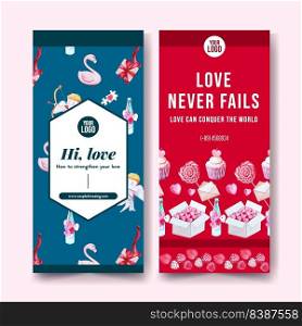Love flyer design with flamingo, cupid, box watercolor illustration 