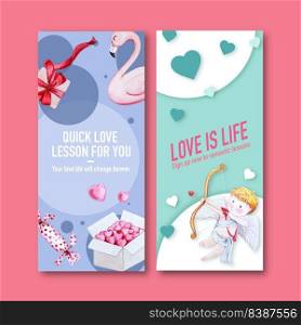 Love flyer design with gift, candy, flamingo watercolor illustration,  