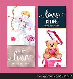 Love flyer design with jigsaw, cupid, doll watercolor illustration 