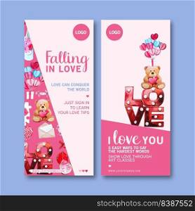 Love flyer design with love light, letter, paper watercolor illustration 