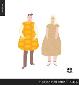Love food people portraits - a flat vector concept illustration of a young man and woman wearing food pattern clothes - corn and potato, standing posing in masked ball or play costumes. Love food people portraits