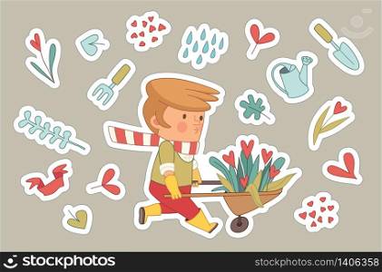 Love Gardening stickers, cartoon vector illustration - a gardener wearing gloves and yellow rubber boots wheeling a bunch of flowers in a barrow, surrounded by garden elements in heart shape, Dodo people set. Love Gardener stickers set, Dodo people collection