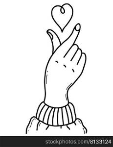 Love gesture. hand shows gesture of love and heart. Vector illustration. Linear hand drawings in doodle style for design, decoration