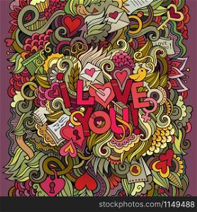 Love hand lettering and doodles elements background. Vector illustration