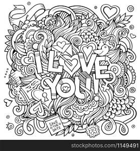 Love hand lettering and doodles elements background. Vector illustration. Love hand lettering and doodles elements background