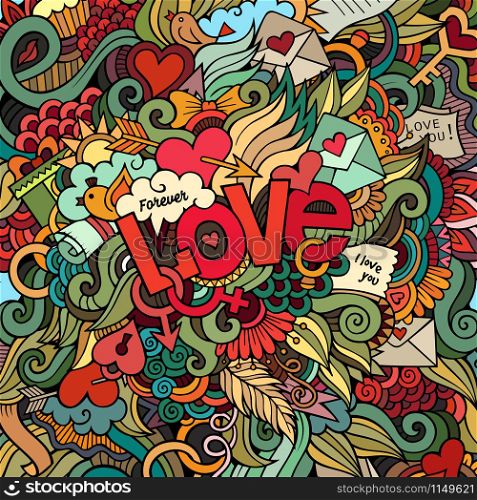 Love hand lettering and doodles elements background. Vector illustration. Love hand lettering and doodles elements background.