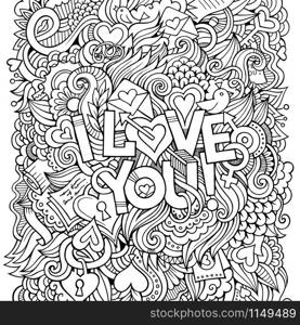 Love hand lettering and doodles elements background. Vector line art illustration. Love hand lettering and doodles elements background