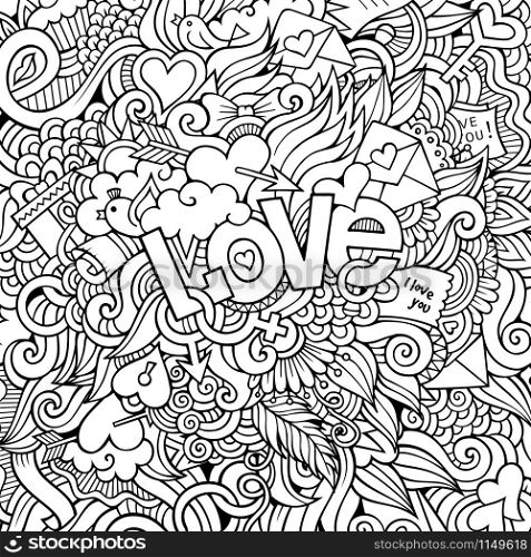 Love hand lettering and doodles elements sketch background. Vector illustration. Love hand lettering and doodles elements sketch background
