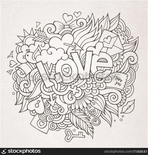 Love hand lettering and doodles elements sketch. Vector illustration