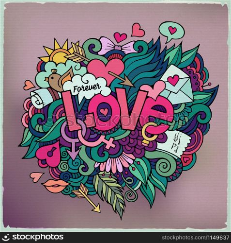 Love hand lettering and doodles elements. Vector illustration